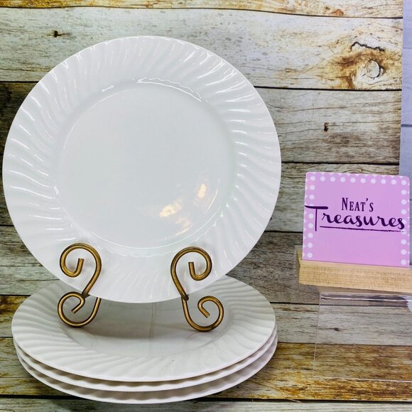 Gourmet Expressions REGENT WHITE Swirl Stoneware Oven Safe Dinner Plates Set 4 - Picture 1 of 12